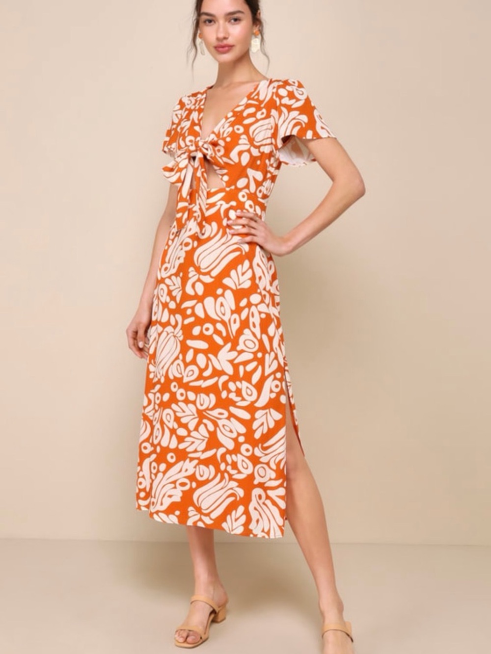 Lulu's Orange & White Tie-Front Floral Midi Dress